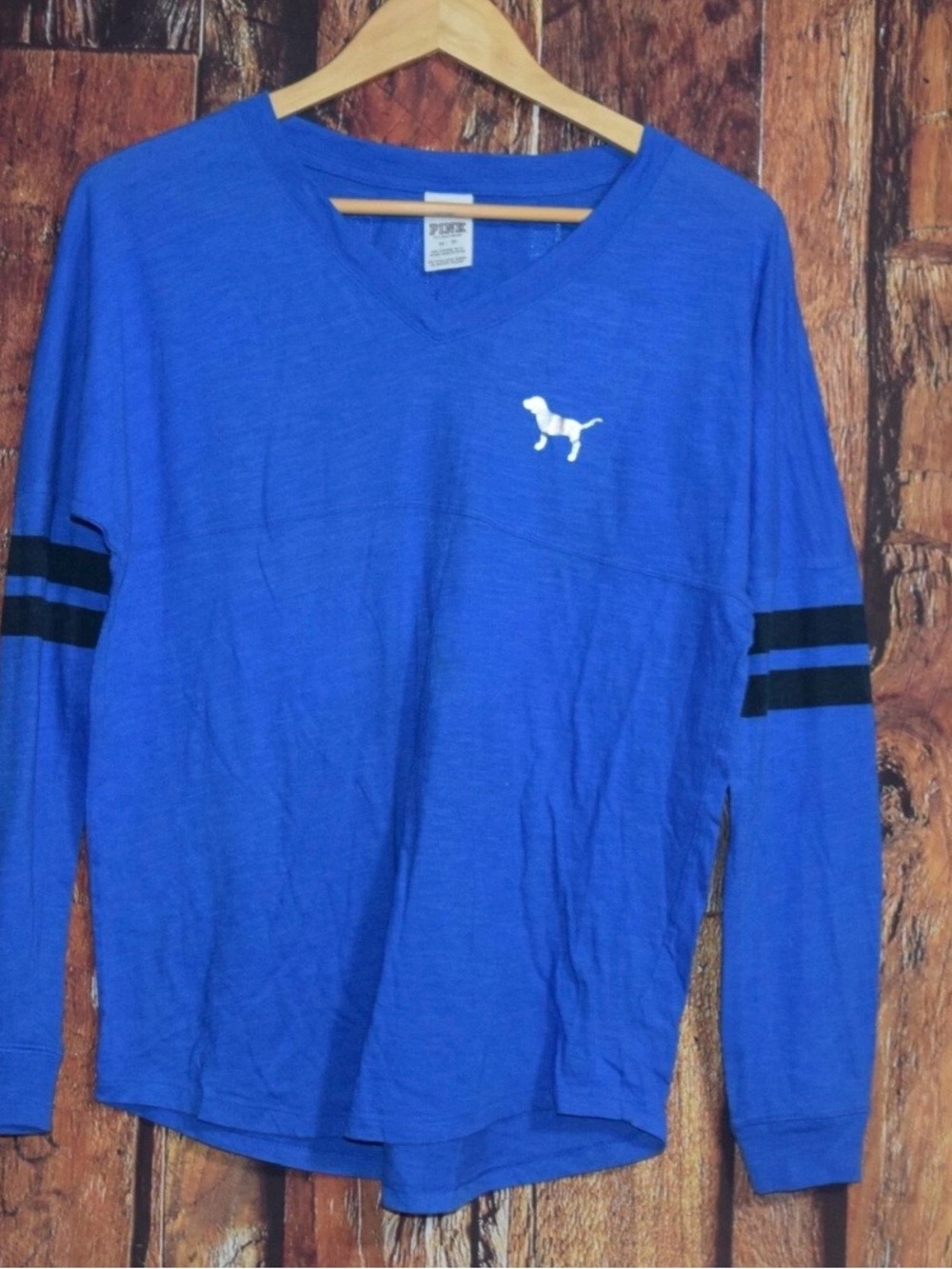 PINK Victoria's Secret Royal Blue Long Sleeve Tee with Silver Sequin Logo - Picture 3 of 3